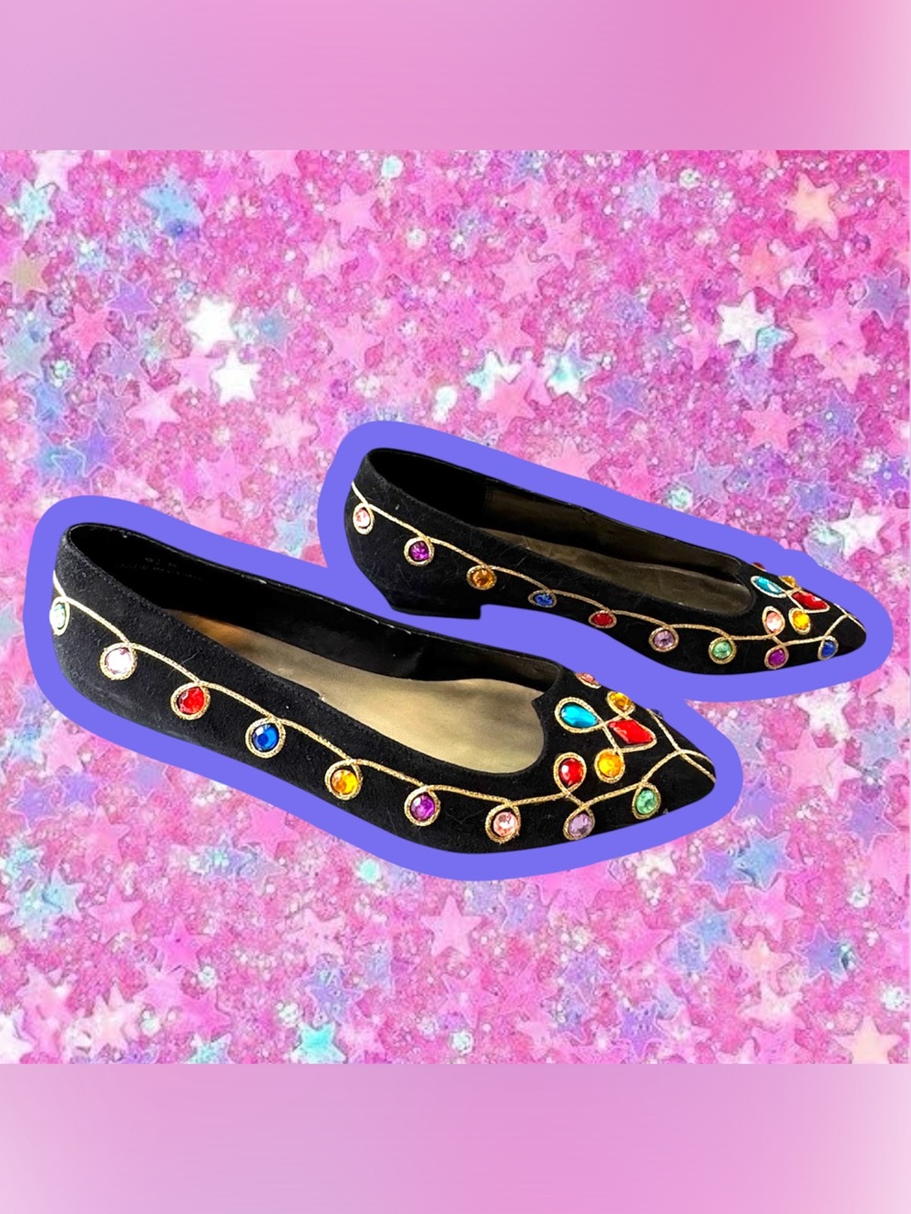 J Renee NWOT vintage 80s 90s bejeweled gemstone flats 9.5 9 shoes ballet black